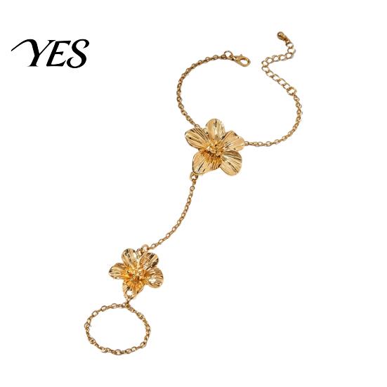 Flower Bracelet with Ring Gold Hand Chain Link Finger for Non Tarnish Tone Jewelry Women, Hibiscus Flowers O Bracelet, Floral Fairy Accessories
