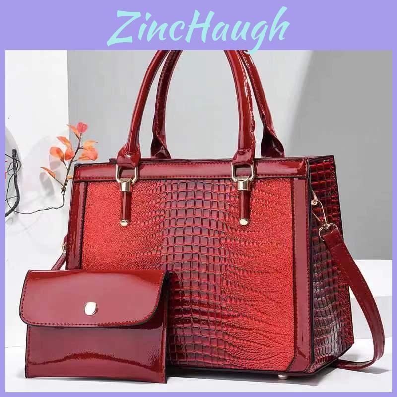 Stylish Two Piece Crocodile Pattern Mom Bag Chic Fashionable Shoulder Tote Bag In Black And Burgundy