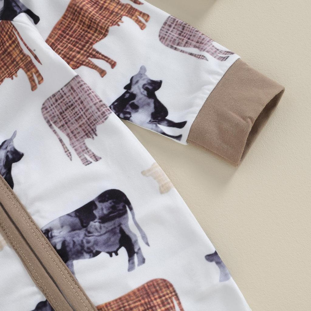 Baby Girls Fall Crewneck Romper 3M 6M 12M Long Sleeve Cattle Print Oblique Zipper Jumpsuit