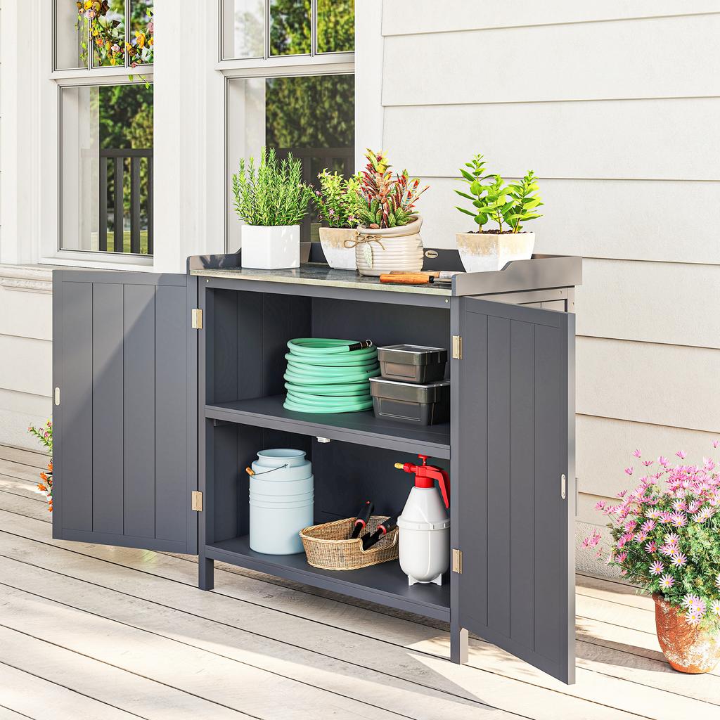 Standing garden storage cabinet, 2-in-1 potting table double door, shelf, galvanized metal tray - grey