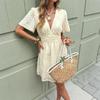 Summer White Women's Embossed Floral Mini Dress, Deep V-Neck, Smocked Waist, A-Line Summer Casual Dress