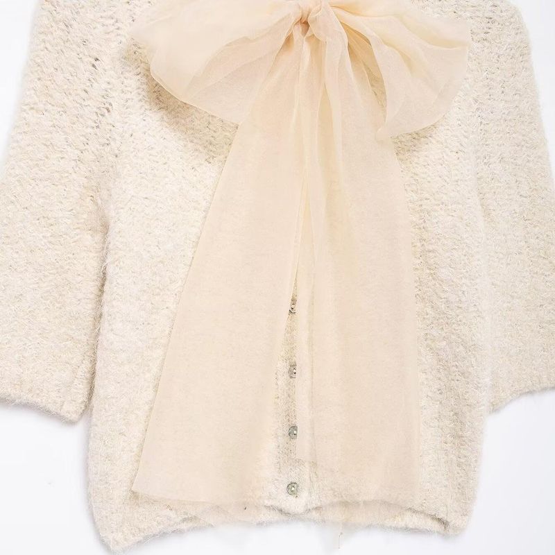 Kaslead New Arrival Women's Clothing Fashion Style Fashion Transparent Organza Bowknot Decoration Knitting Tops 2756126