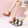 Fashion FHC Women High Heeled Sandals,Wedges Platform Summer Shoes,Ankle Buckle Strap,Ethnic Style Print,Black,Orange,Green,Dropship