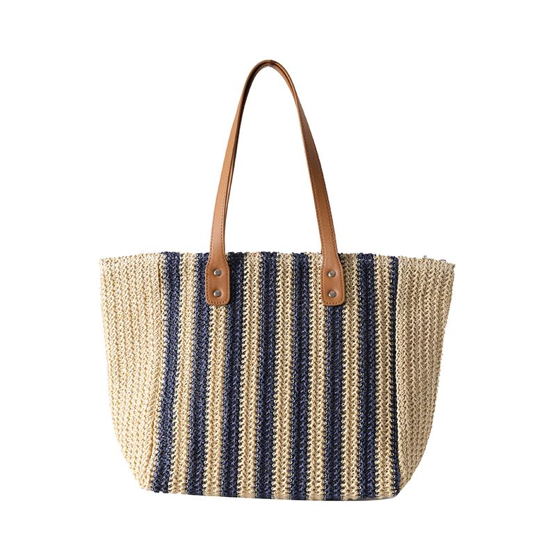Striped Straw Shoulder Bag for Women Beach Bag Holidays Shopping Casual Tote New Summer Design