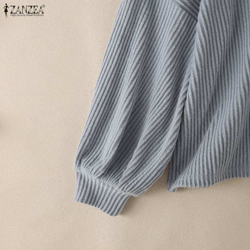 ZANZEA Осенняя женская блузка с бантом, вставками, круглым вырезом, длинным рукавом и фактурой в рубчик, свободного кроя