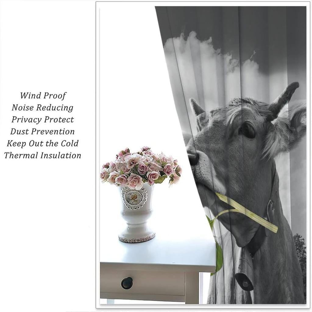 Highland Cow Curtains, Country Farm Animal Cow Window Treatments for Farmhouse Kitchen, Western Wildlife Bull Sunflower Print