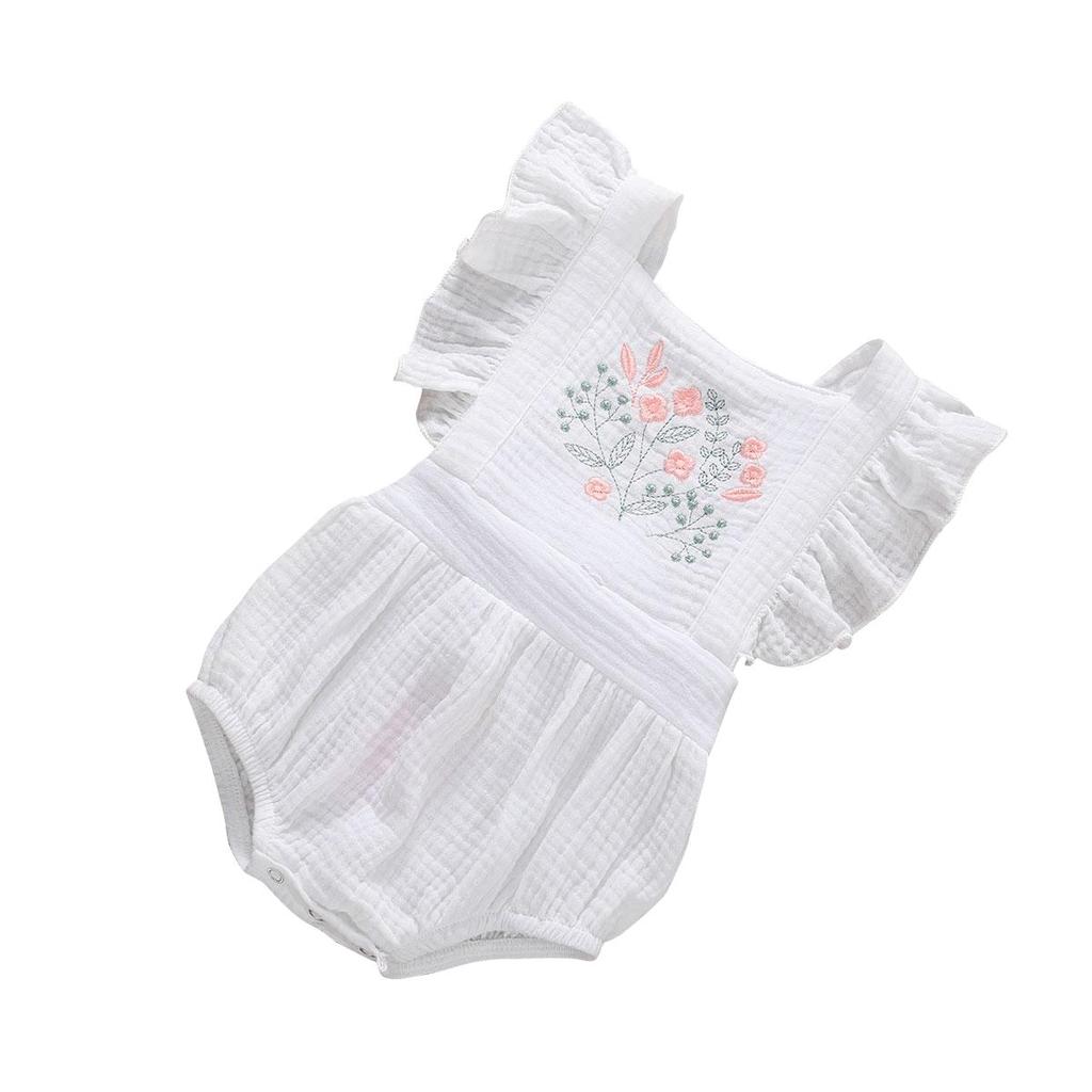 Newborn Baby Girls Ruffle Romper Embroidered Flower Jumpsuit Cotton Bodysuit Outfits Summer Clothes Sunsuit