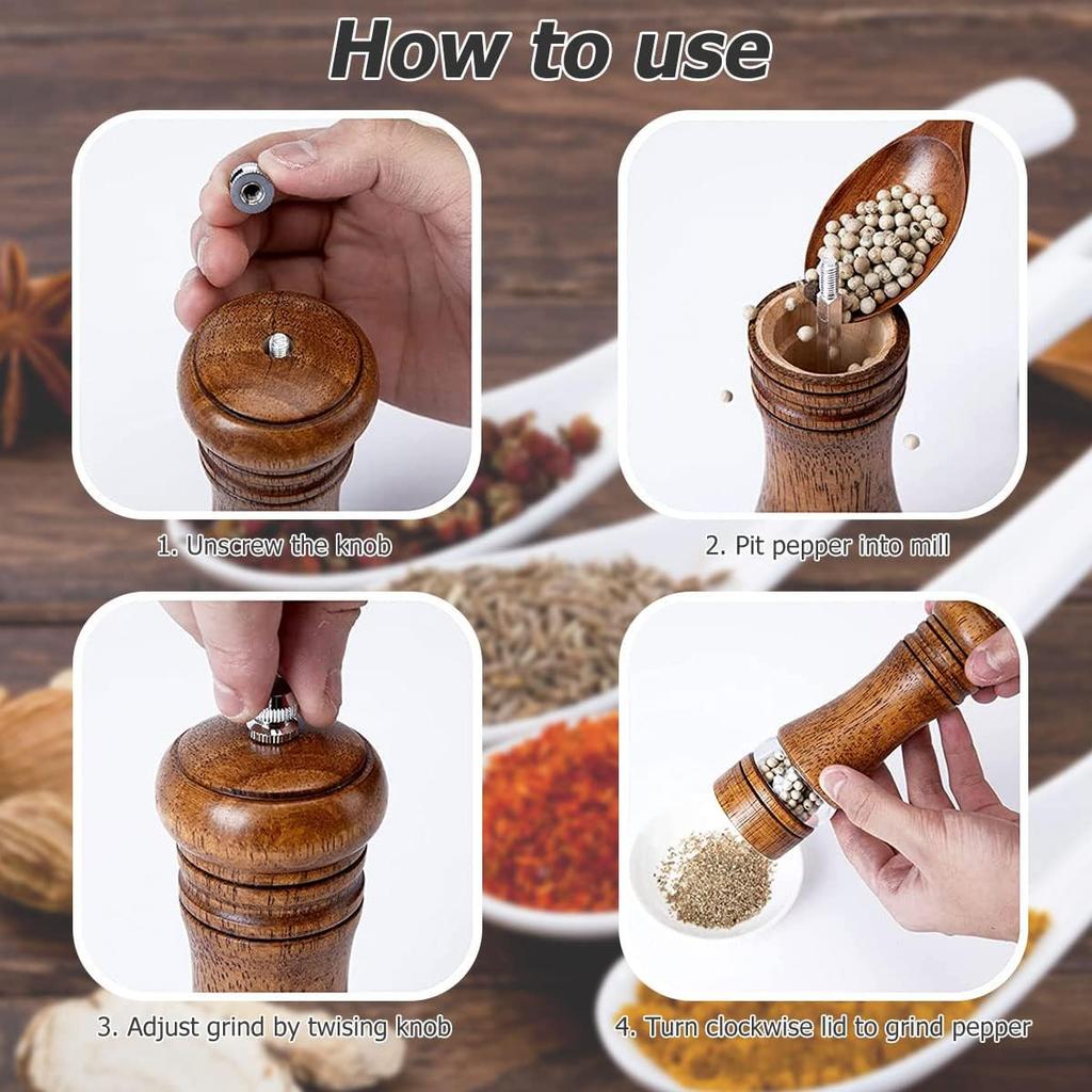 Set of 2 Wooden Salt and Pepper Grinders with Ceramic Grinding Cores, Coarse and Adjustable, Manual Pepper Grinder Set for Kitchen
