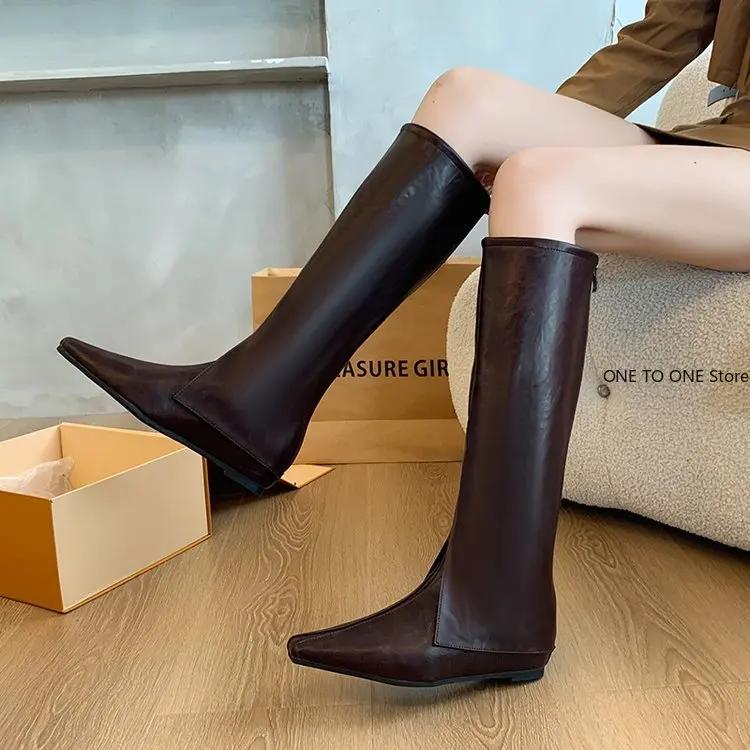 Остроносые туфли на плоской подошве, женские высокие сапоги, дизайнерская мода, повседневная прогулочная кожаная обувь, 2024, новый тренд, зимнее платье, челси, Botas Mujer