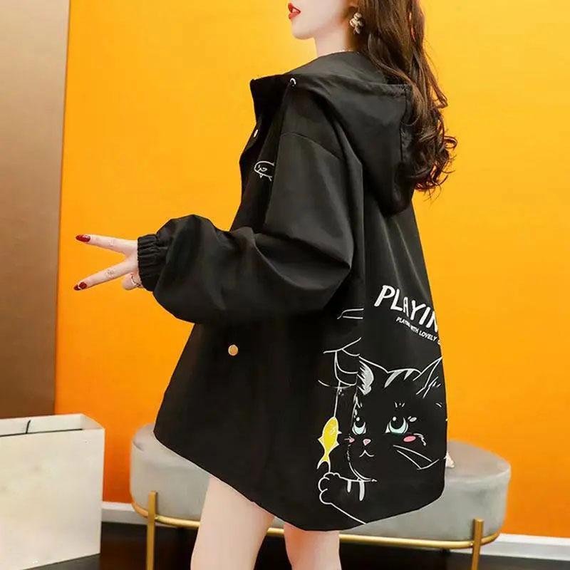 Женская повседневная куртка, весенне-осенняя куртка с капюшоном, Свободный кардиган в ленивом стиле, куртка-кардиган с милым котом для девочек