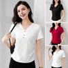 Women T-shirt V-Neck Buttons Decor Short Sleeve T-Shirt Slim Fit Soft Elastic Pullover Tops Commuting Style Tops