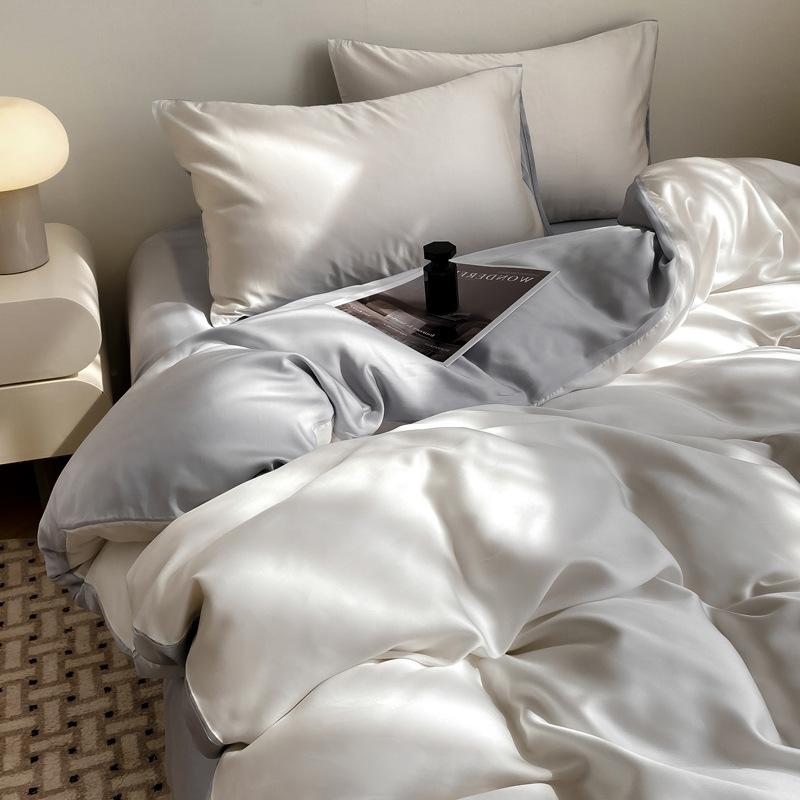 Летний однотонный комплект из четырех предметов из ледяного шелка, прохладный на ощупь, простыня, пододеяльник, комплект постельного белья из трех предметов для общежития, удобное постельное белье