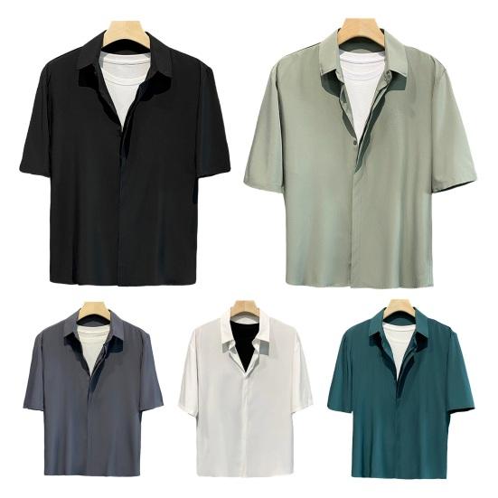 Мужская летняя рубашка с отложным воротником из ледяного шелка со скрытыми пуговицами, однобортный однобортный кардиган свободного кроя, повседневный офисный топ средней длины с короткими рукавами