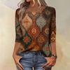 Trendy Vintage 3/4 Sleeve Top For Women,Ladies Casual Three Quarter Sleeve Round Collar Printed T-Shirt Blouse