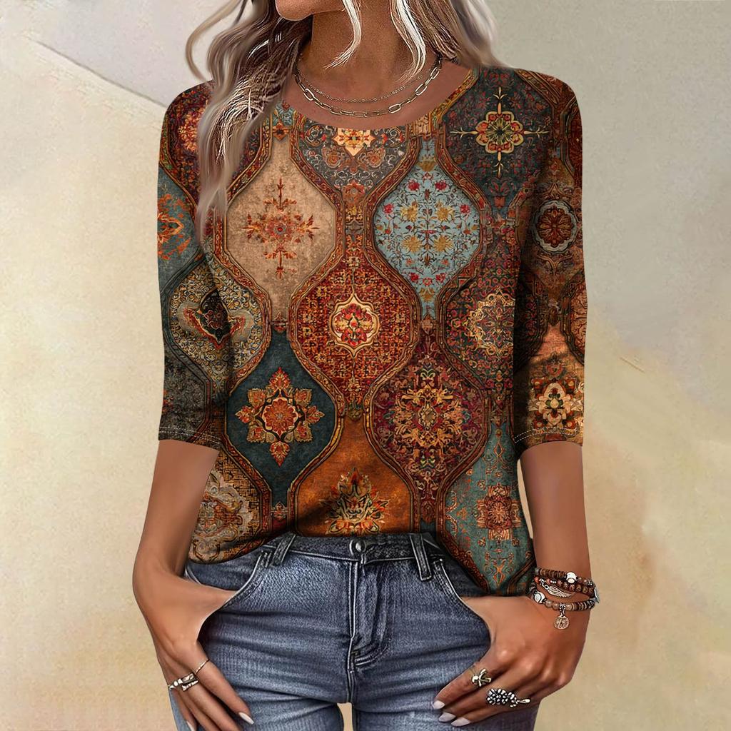 Trendy Vintage 3/4 Sleeve Top For Women,Ladies Casual Three Quarter Sleeve Round Collar Printed T-Shirt Blouse