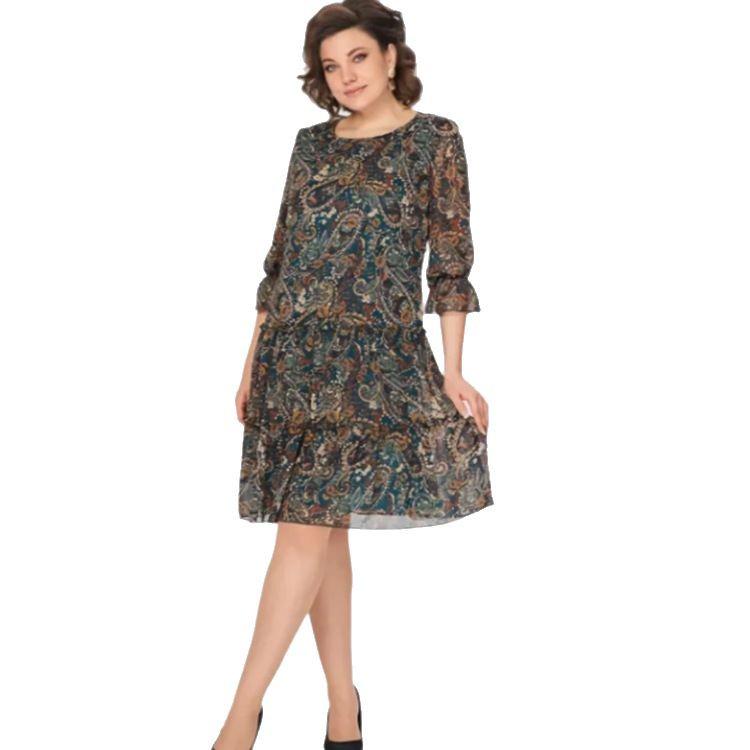 2025 Spring/Summer European & American Women's Plus Size Chiffon Printed Dress with Seven-Sleeve Design