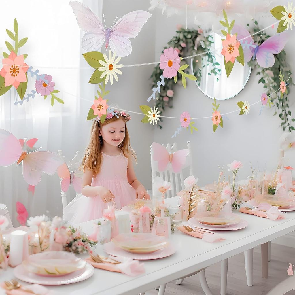 Cheerland Wildflower Party Decorations Flower Banner Birthday Fairy Floral Garland Paper Flower Garland for Spring Woodland Baby Shower Tea Party