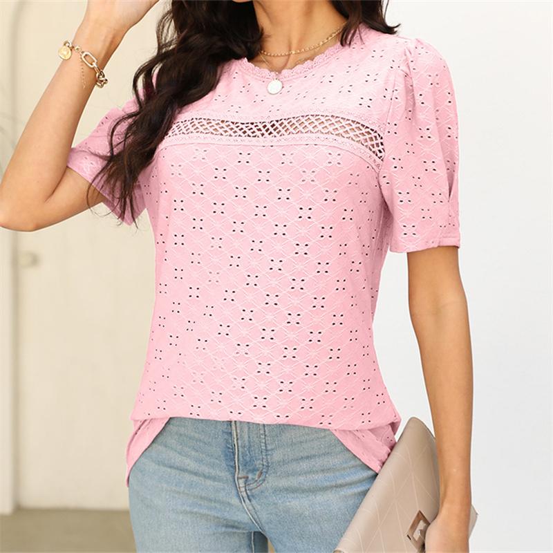 Летняя женская кружевная лоскутная блузка с коротким рукавом розового и белого цвета, повседневная женская пуловер с круглым вырезом, топ