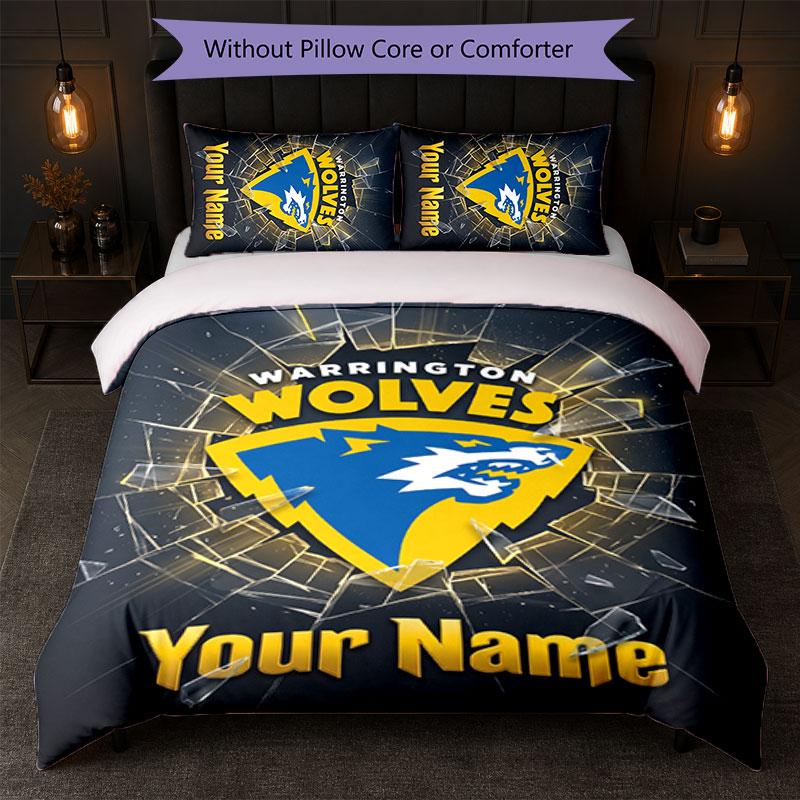 Warrington Wolves FC Custom Name Text Bedding Set 1 Duvet Cover+2 Pillowcases Soccer Logo Personalized Gift For Special Occasion Bedroom Decor