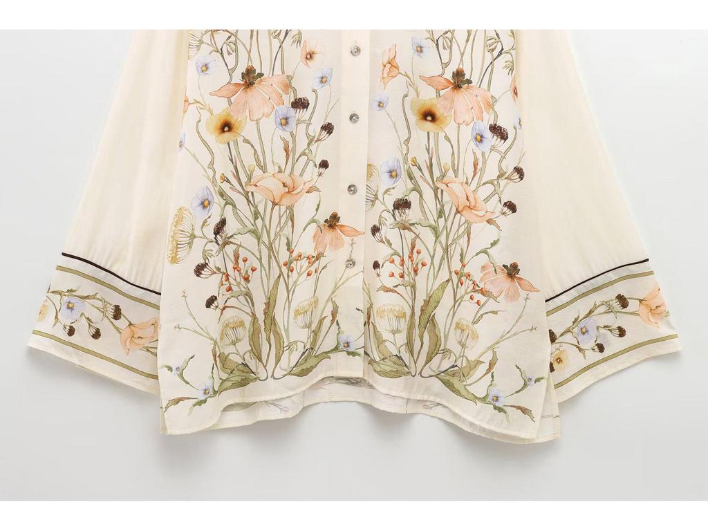 Женский европейско-американский комплект с цветочным принтом из рубашки с длинным рукавом и брюк, 2025