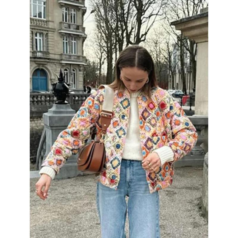 Шикарная многоцветная куртка с принтом для женщин, элегантное стеганое пальто с воротником-стойкой и длинными рукавами