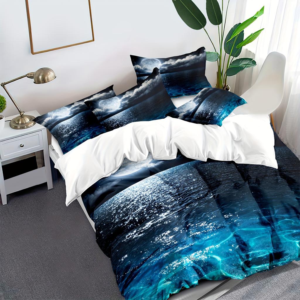 3pcs Polyester Duvet Cover Set 3D Moonlit Landscape Print Bedding Set, Soft Comfortable Duvet Cover