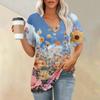 Women's Fashion Pocket V-neck Short Sleeve Plant Floral Print T-shirt Top