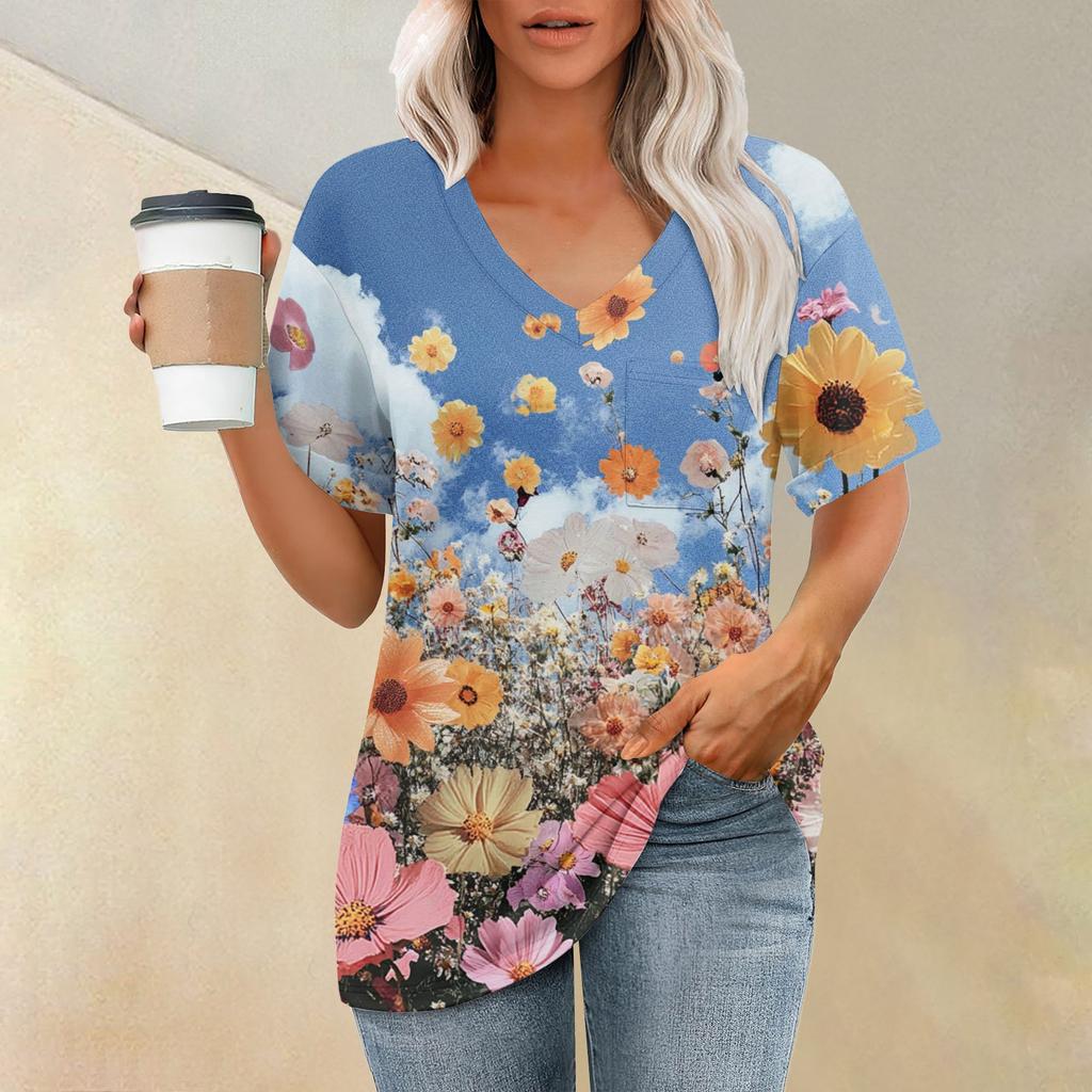 Women's Fashion Pocket V-neck Short Sleeve Plant Floral Print T-shirt Top