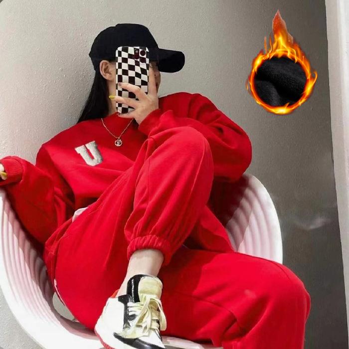 Plus Velvet Thickened Casual Fashion Sports Suit Women's Autumn and Winter Loose Sweater Trousers Two-piece Suit