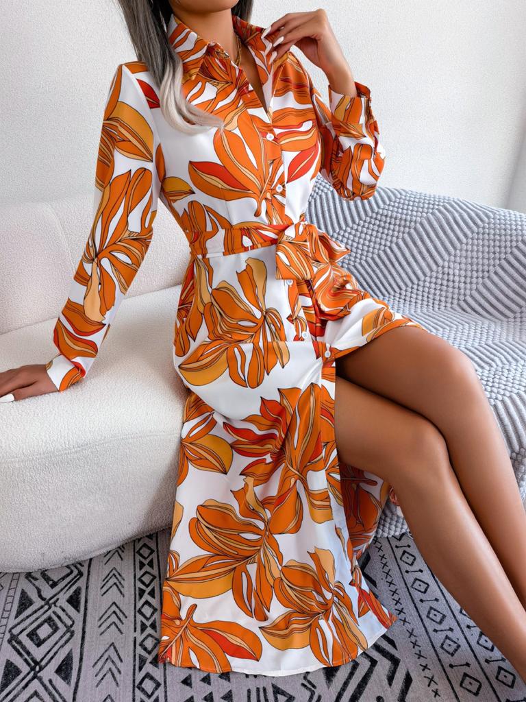Turndown Collar Printing Button Dress High Waist Elegant Shirt Dress for Women Long Sleeve Loose Dresses Causal Dress