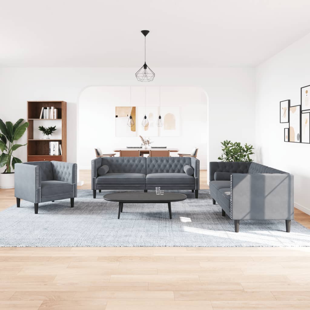 Vidaxl 3-Cz. Wypoczynek Chesterfield Z Wałkami, Ciemnoszary, Aksamit