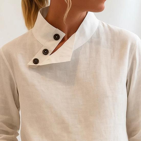 Женские топы Стойка воротник Скошенный пуговичный вырез Длинный рукав Пуловеры Однотонный Свободный крой Повседневные топы Для работы Вечеринки Повседневной носки