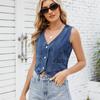 Женский однотонный джинсовый жилет с V-образным вырезом на пуговицах