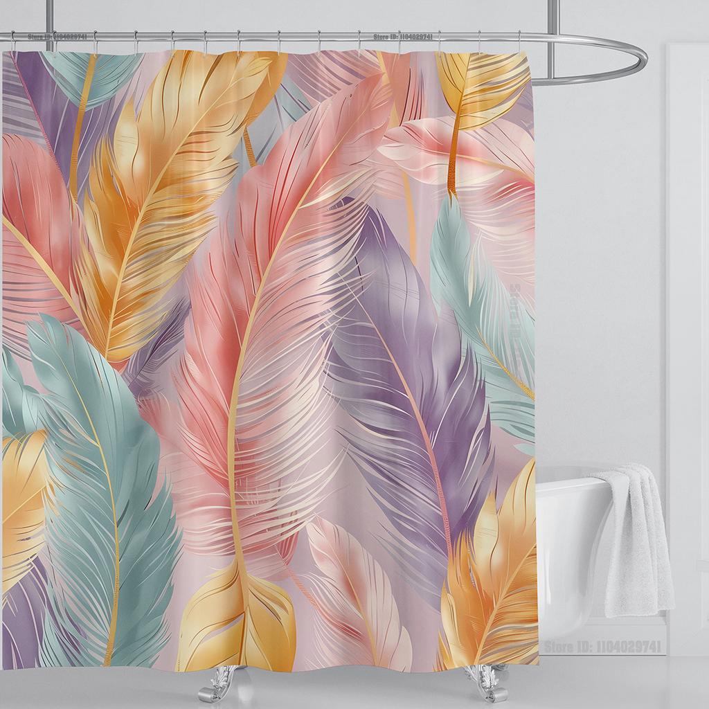 3D Feather Shower Curtain Set Colorful Printed Design Fabric Bathroom Decoration Waterproof Washable Shower Curtain with Hooks