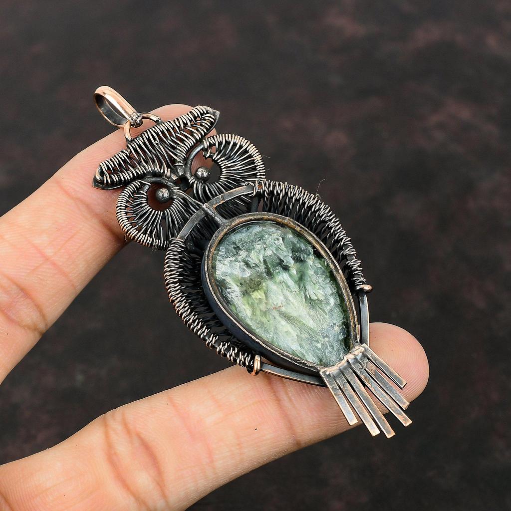 Подвеска из серафинита, медная проволочная обертка, серафинит, драгоценный камень, ювелирные изделия, подвеска ручной работы в стиле бохо, медные украшения, кулон в виде совы, подарок для женщин