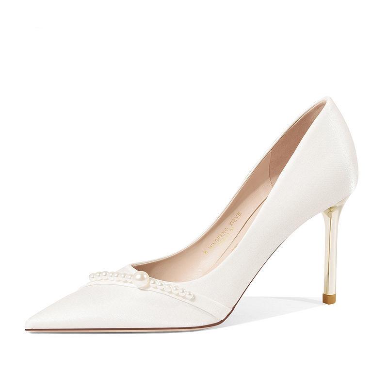 Модные туфли-лодочки на каблуке, белые туфли для женщин 2024 года, женская летняя обувь, жемчужные туфли на высоком каблуке, свадебные туфли для невесты Stilito, качественные, стильные, A