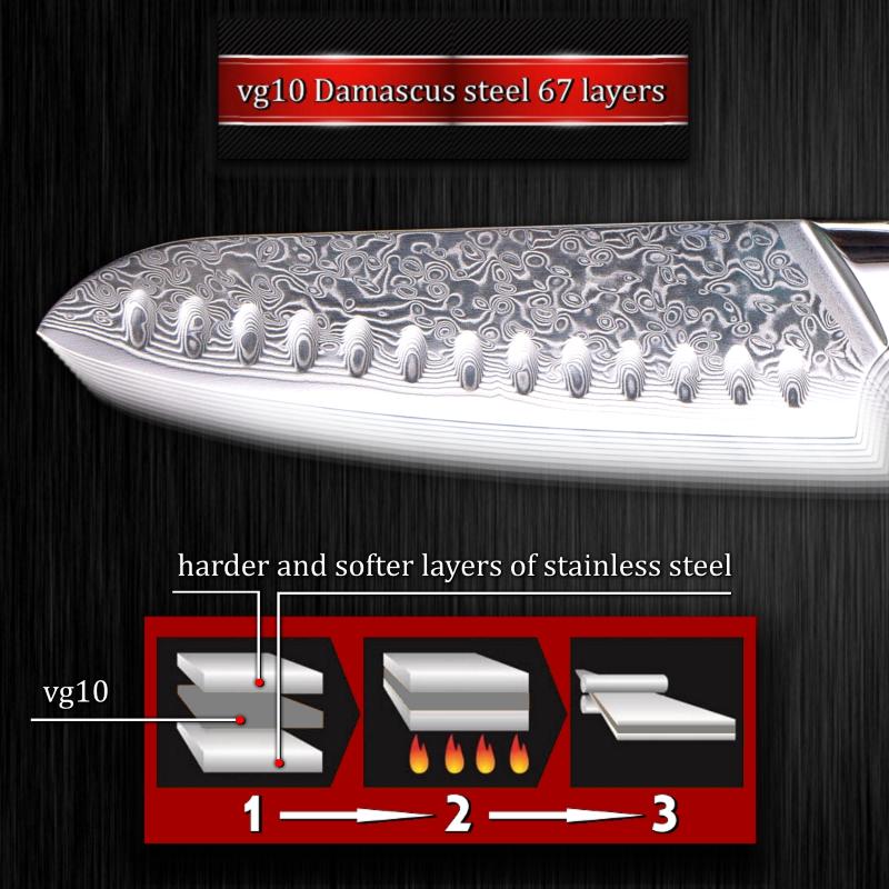 Grandsharp 7-дюймовый нож шеф-повара Santoku Дамасская сталь 67 слоев VG10 Кухонный нож из японской стали