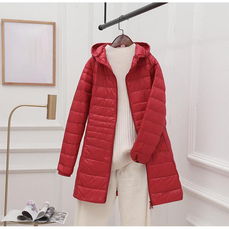Женский длинный теплый пуховик с портативной сумкой для хранения, женский легкий пуховик, женские пальто длиной до бедра, High Street