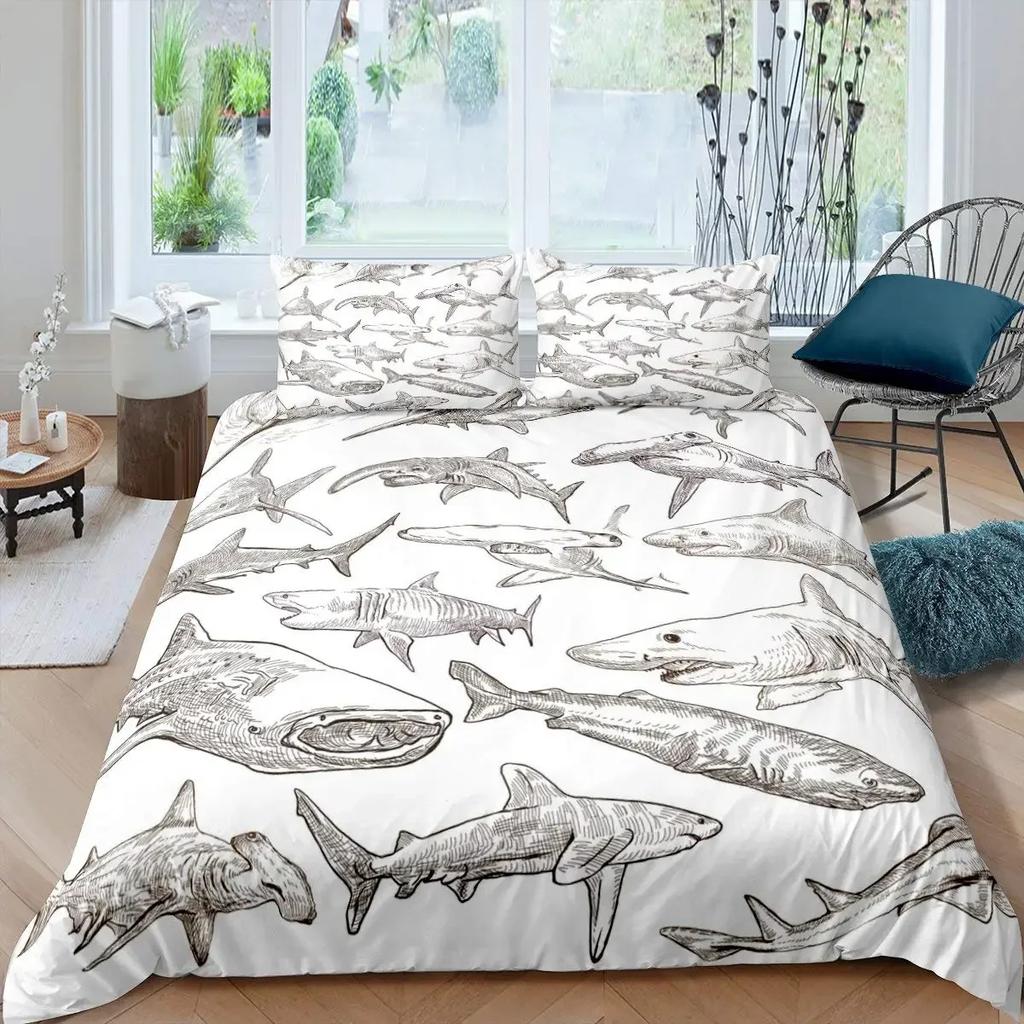 Shark Fish Print Bedding Set Cute Underwater Animal Duvet Cover Set Wonderful Gifts For Children Teens Adult Comforter Cover Set