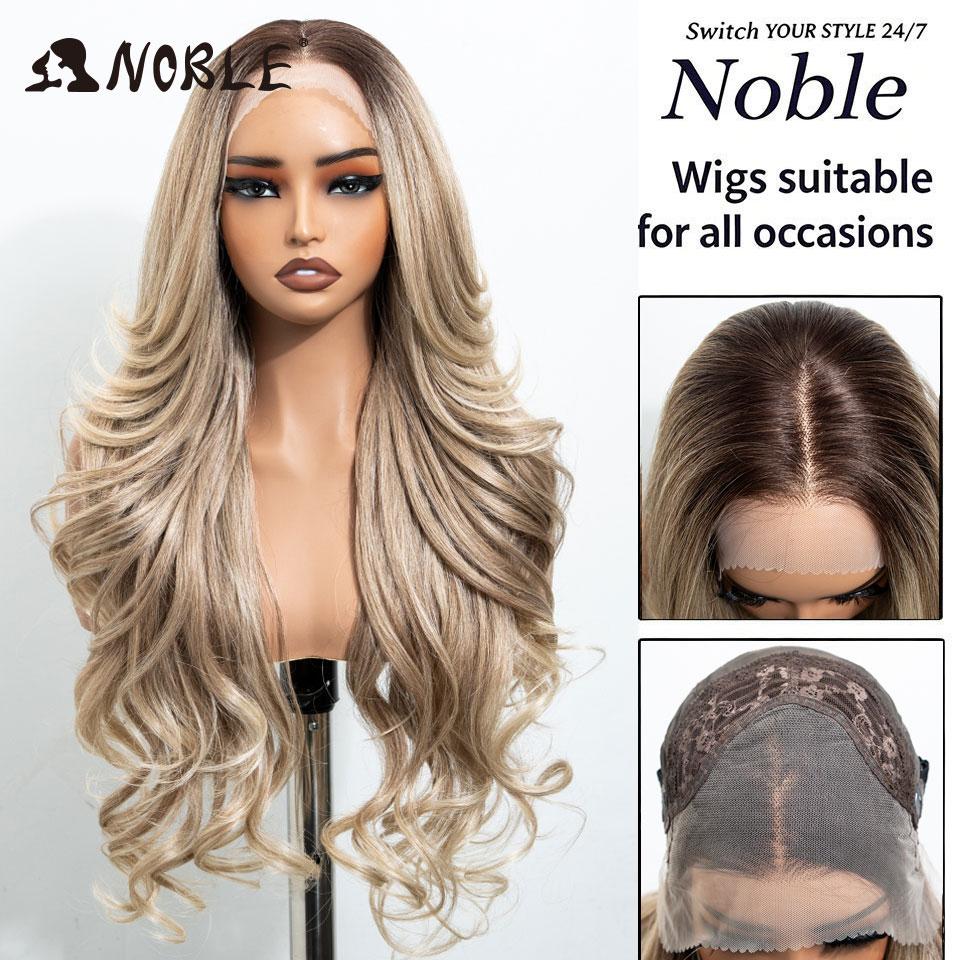 Noble Synthetic Lace Front Wigs For Women 28 Inch Curly Ash Blonde Highlight 13x4 Body Wave Silk Base Lace Wig Cosplay Daily Wig
