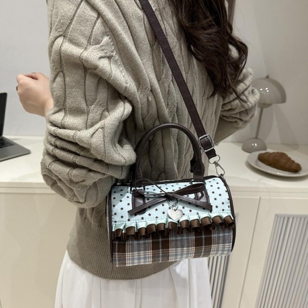 Retro Portable Bow Polka Dot Handbag Color-blocked Lace Trim Bowler Bag Lightweight Exquisite Crossbody Bag Special Occasion