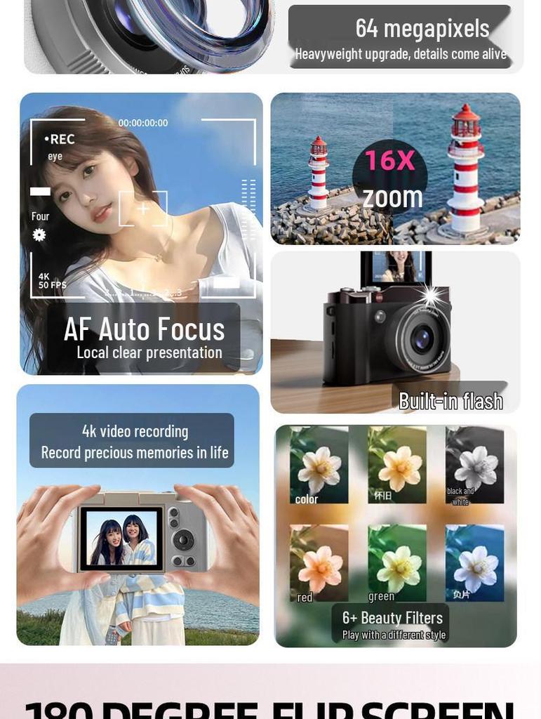 CCD Digital Camera with Dual Lenses - Retro Flip-Phone Style, Perfect for Students and Kids, Connects to Phone.