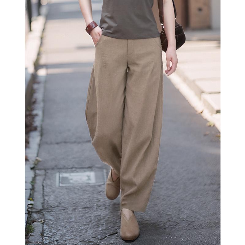 2026 Spring/Summer Women's Comfortable Ramie Wide-Leg Carrot Pants - Retro Lantern Style, Loose & Casual