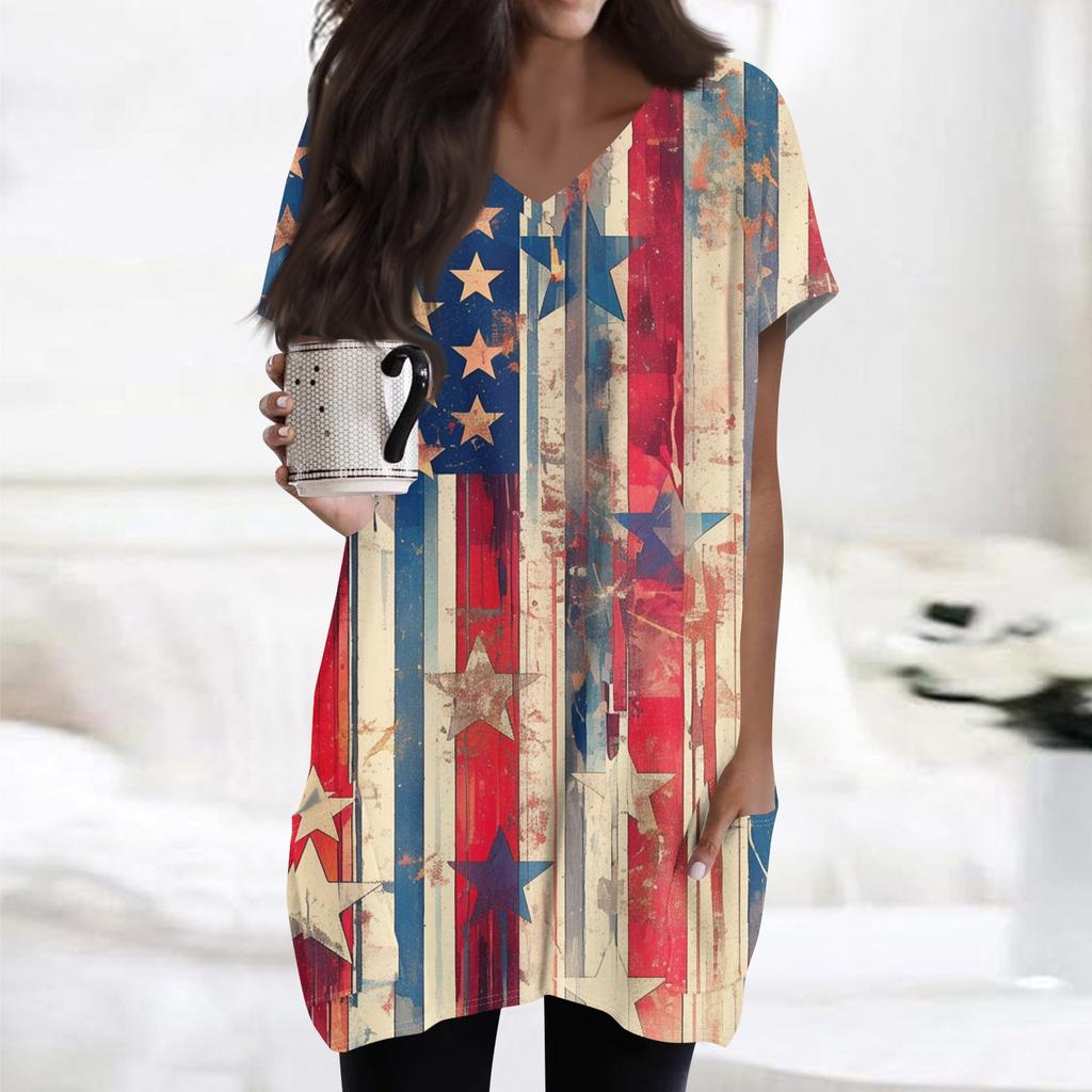 Женский топ с принтом флага Дня независимости, V-образным вырезом, карманом средней длины и коротким рукавом