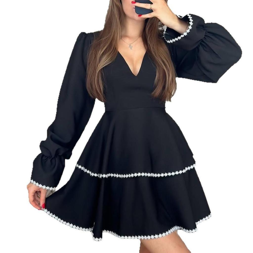 2025 Autumn V-Neck Ruffled Short Dress for Women: European & American Style