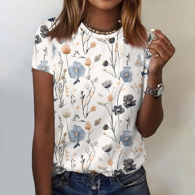Женская футболка с 3D-цветочным принтом и круглым вырезом, повседневные женские свитера с коротким рукавом, футболки, топы, увеличенные размеры, женская одежда Y2K