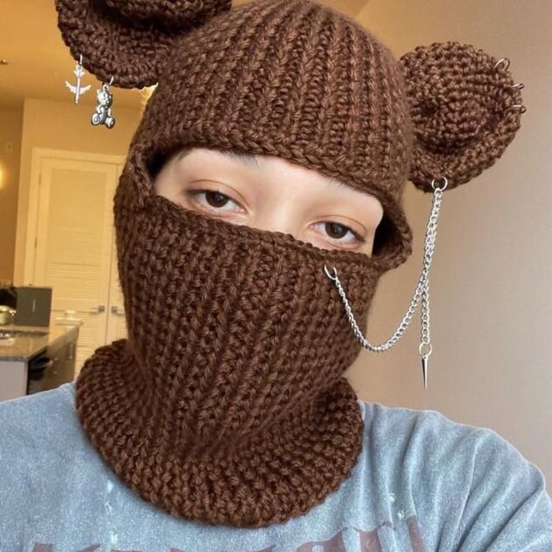 Handmade Knitted Cat Ear Pullover Hat Autumn and Winter Striped Cute Woolen Hat