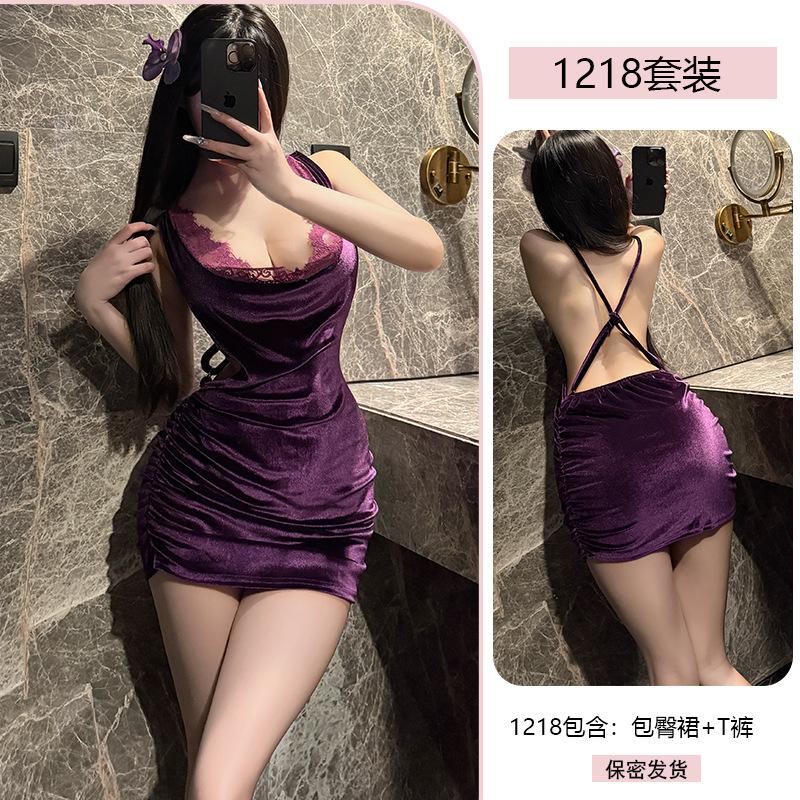 Erotic Underwear Purple velvet halter wrap Skirt Feminine Lace Seductive Nightclub Uniform Pajamas 1218