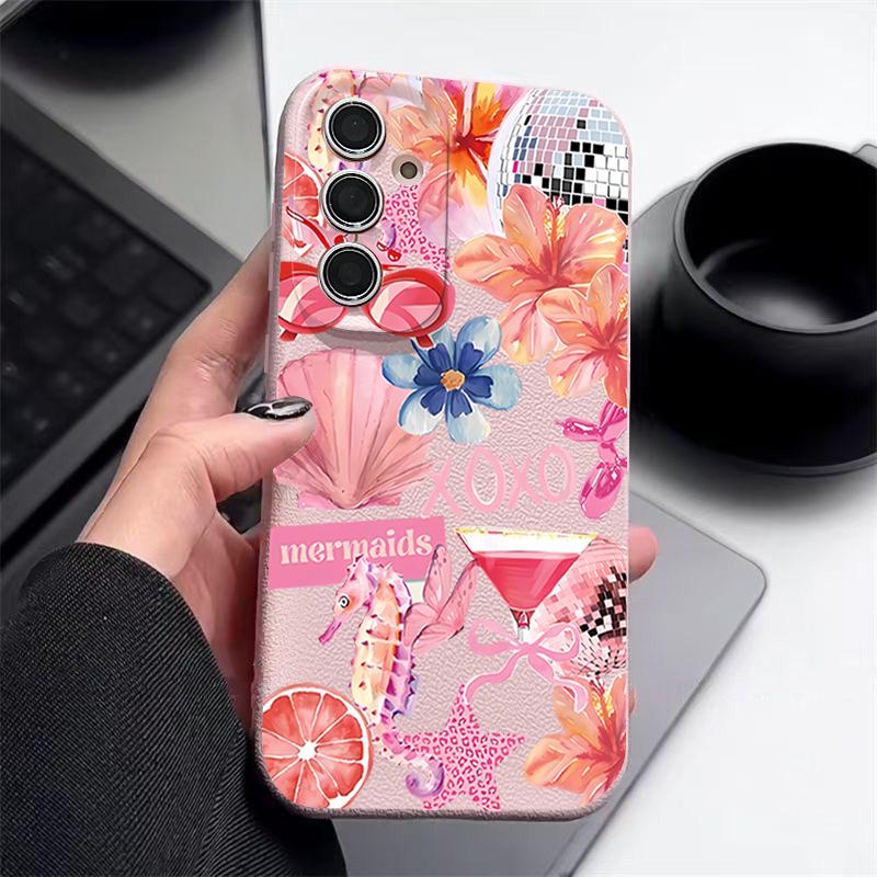 Розовый Чехол с Мультяшным Цветочным Рисунком для Samsung Galaxy A57 A56 A55 A54 5G A37 A36 A35 A34 A17 A16 A15 A14 Силиконовый Чехол с Текстурой Кожи