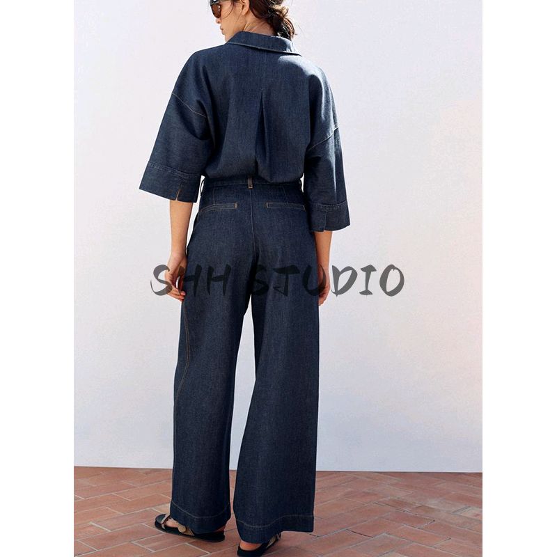 Wide Sleeve Lapel Casual Denim Shirt 2783781 Wide Leg High Waist Minimalist Casual Casual Pleated Pants 2881781
